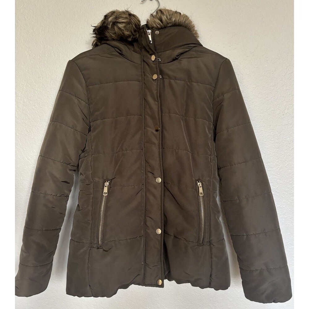 H&M Women’s Olive Green Puffer Jacket Faux Fur Hood Zip Front Size 6